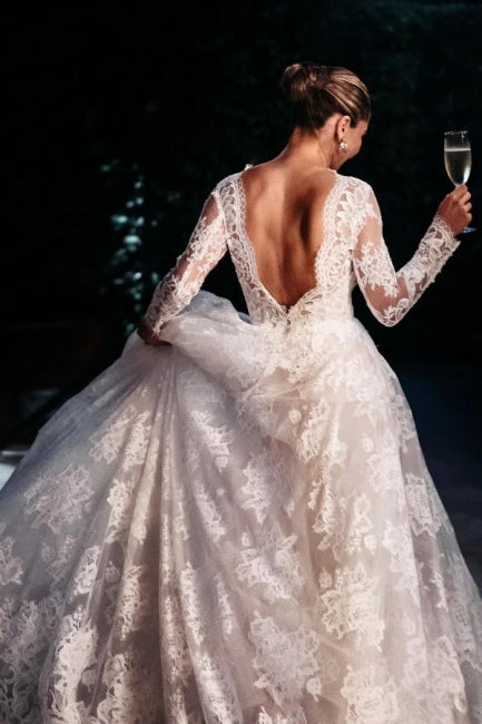 Robes de mariée longues à manches longues en ligne A, dos nu avec dentelle