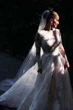 Robes de mariée longues à manches longues en ligne A, dos nu avec dentelle