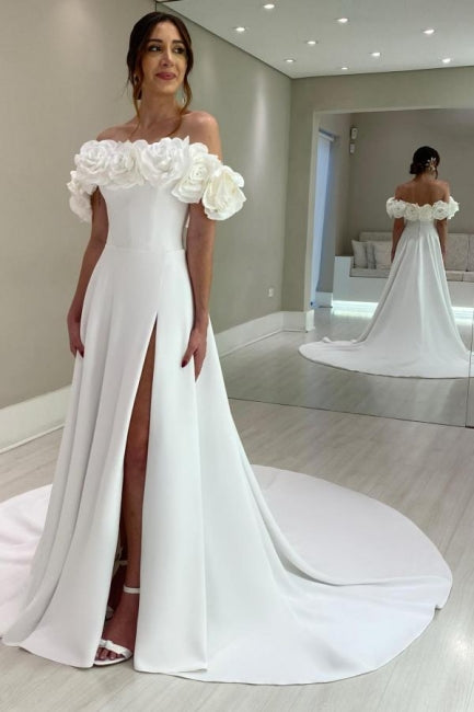 Robes de mariée blanches en satin, sans manches, à encolure bardot, coupe trapèze, avec fente