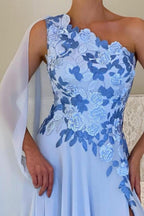 Vestido de Mãe da Noiva em Chiffon, Corte em A, Um Ombro, Sem Mangas, Vestidos de Dama de Honra com Apliques e Fenda
