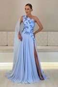 Vestido de Mãe da Noiva em Chiffon, Corte em A, Um Ombro, Sem Mangas, Vestidos de Dama de Honra com Apliques e Fenda