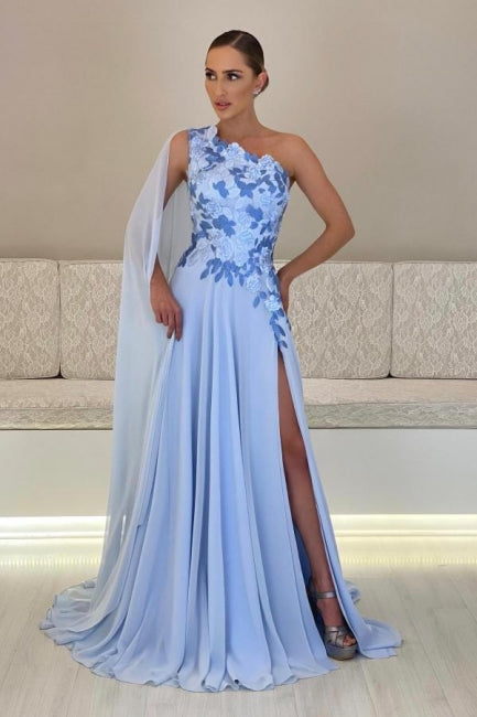 Vestido de Mãe da Noiva em Chiffon, Corte em A, Um Ombro, Sem Mangas, Vestidos de Dama de Honra com Apliques e Fenda