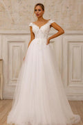 Vestido de Noiva Branco em Tule com Renda, Decote em V, Sem Mangas, Corte em A, com Apliques