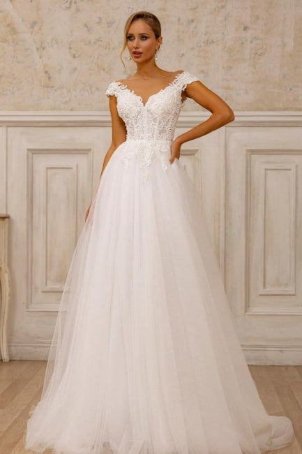 Designer A-Linie Tüll Spitze V-Ausschnitt Ärmellos Weiß Brautkleid mit Applikationen