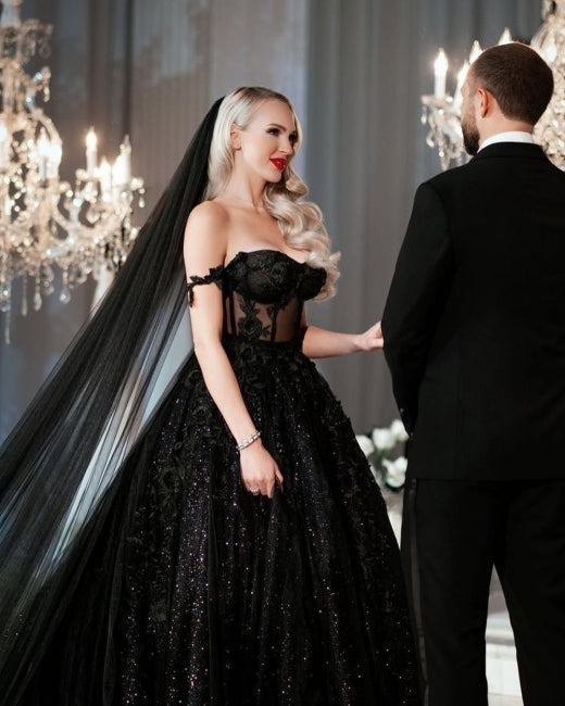 Robes de mariée noires à paillettes, ligne A, épaules dénudées, avec dentelle, de créateur
