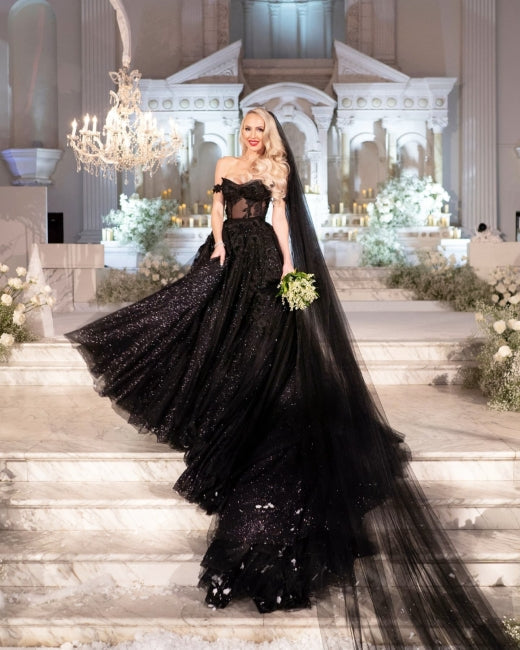 Robes de mariée noires à paillettes, ligne A, épaules dénudées, avec dentelle, de créateur