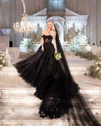 Robes de mariée noires à paillettes, ligne A, épaules dénudées, avec dentelle, de créateur