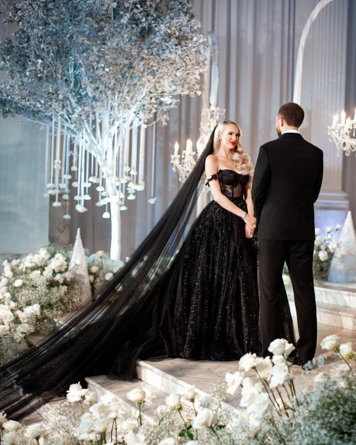 Robes de mariée noires à paillettes, ligne A, épaules dénudées, avec dentelle, de créateur