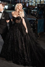 Robes de mariée noires à paillettes, ligne A, épaules dénudées, avec dentelle, de créateur