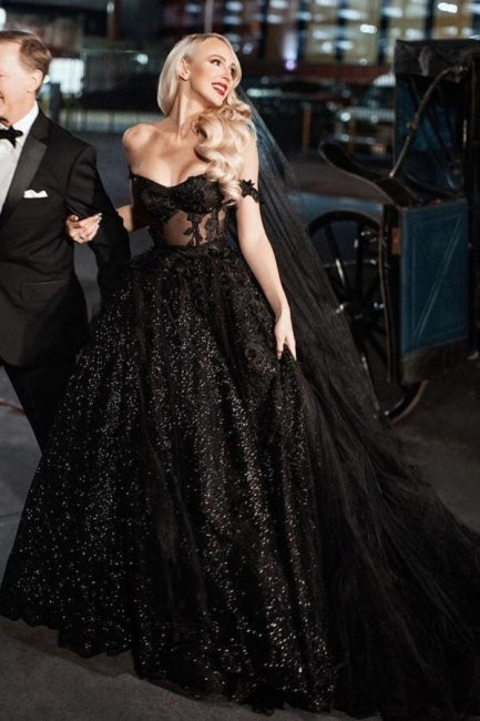 Robes de mariée noires à paillettes, ligne A, épaules dénudées, avec dentelle, de créateur