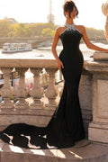 Robes de bal noires sans manches à col montant satiné en colonne de créateur avec perles