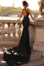 Robes de bal noires sans manches à col montant satiné en colonne de créateur avec perles
