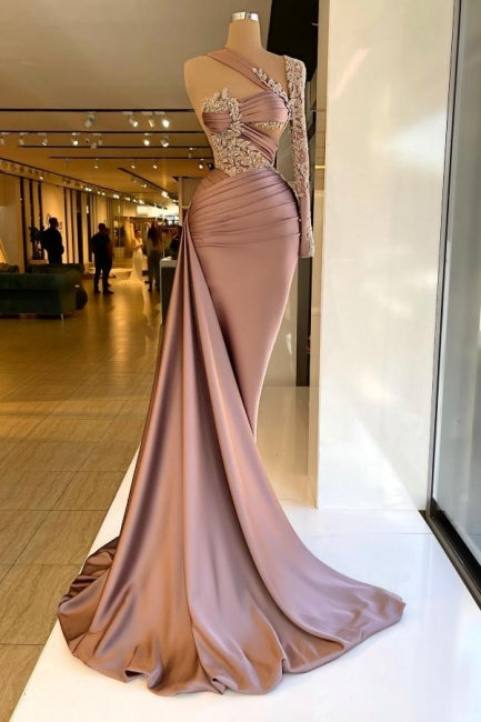 Robes de bal longues à manche longue, en satin, à col montant, une épaule, avec volants