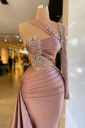 Robes de bal longues à manche longue, en satin, à col montant, une épaule, avec volants