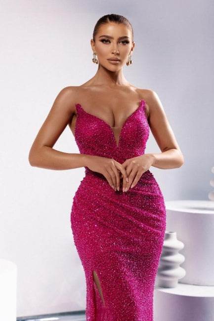 Robe de bal sans manches à col en V, colonne, ornée de paillettes, avec fente avant