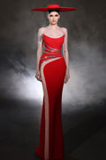Robe de bal rouge en satin et tulle, colonne, une épaule, sans manches, ornée de perles
