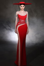 Robe de bal rouge en satin et tulle, colonne, une épaule, sans manches, ornée de perles