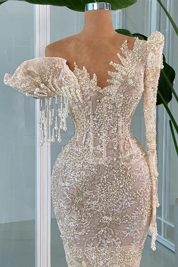 Designer Light Champagne V Neck Long Sleeve Mermaid Wedding Dress With Appliques