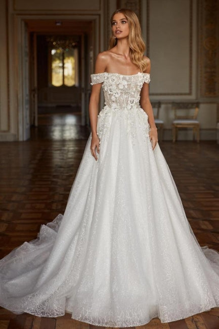 Designer Lange A-Linie Off-the-Shoulder Spitze Brautkleider mit Glitzer