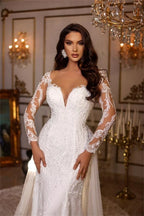 Vestidos de Noiva Compridos em Linha A com Decote em V, Aplicações de Renda e Mangas Compridas