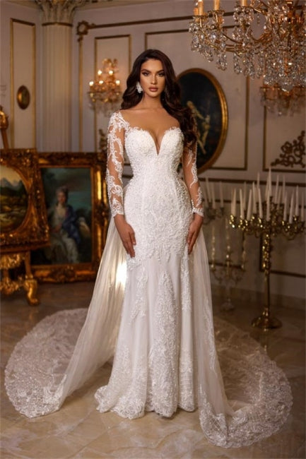 Vestidos de Noiva Compridos em Linha A com Decote em V, Aplicações de Renda e Mangas Compridas