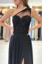 Designer Long Black Evening Dresses One Shoulder Lace Prom Dresses With Slit