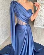 Vestido de Baile Comprido Azul, Corte em A, com Um Ombro Só e Sem Mangas