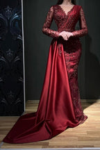 Vestidos de noche largos de sirena con encaje burdeos y cuentas de diseñador con mangas largas
