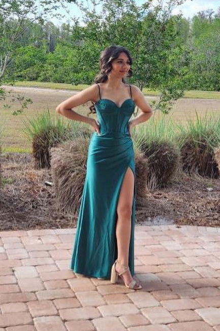 Vestidos de Cerimónia Compridos de Designer, Verde Escuro, Sem Mangas, com Alças Finas e Fenda