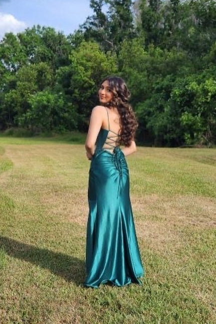 Vestidos de Cerimónia Compridos de Designer, Verde Escuro, Sem Mangas, com Alças Finas e Fenda