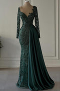 Vestidos de cerimónia compridos de renda verde escuro com decote em V, estilo sereia, com mangas compridas