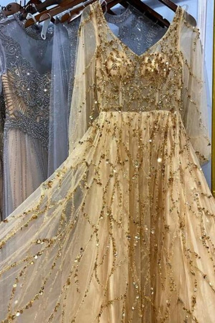 Designer Long Gold A-line Lace Sequined Long Sleeves Evening Dresses With Glitter
