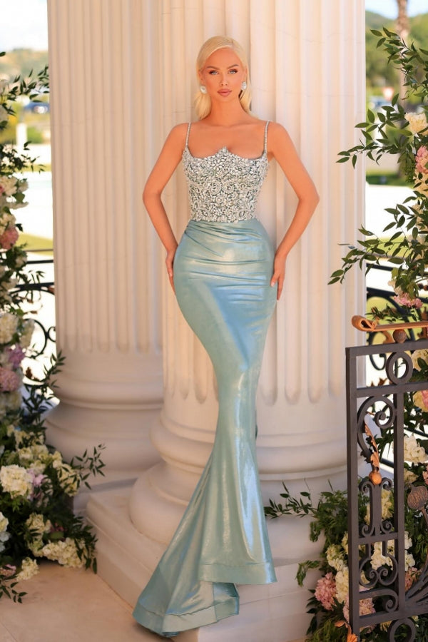 Vestido de fiesta de diseño con escote sirena largo y tirantes finos, de encaje y purpurina