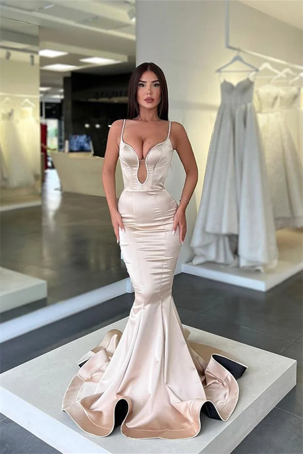 Vestido de Baile Comprido de Cetim com Alças Finas Estilo Sereia e Sem Mangas