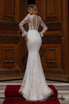 Abiti da sposa lunghi a sirena con scollo a V e pizzo, maniche lunghe