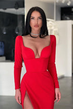 Robe de bal longue rouge sexy à manches longues avec fente