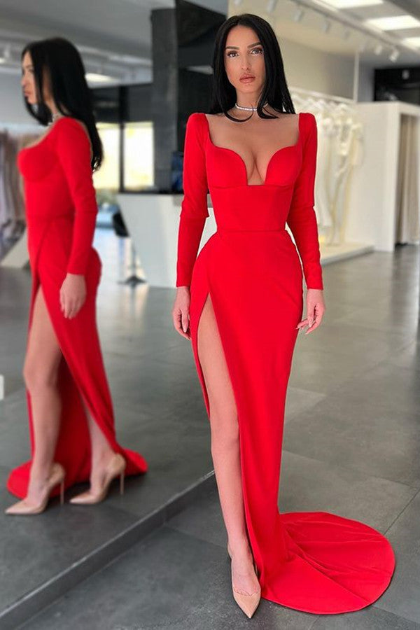 Robe de bal longue rouge sexy à manches longues avec fente