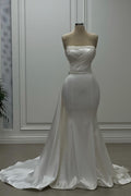 Vestido de Noiva Marfim de Cetim, Sem Alças e Sem Mangas, com Contas, Estilo Sereia, de Designer