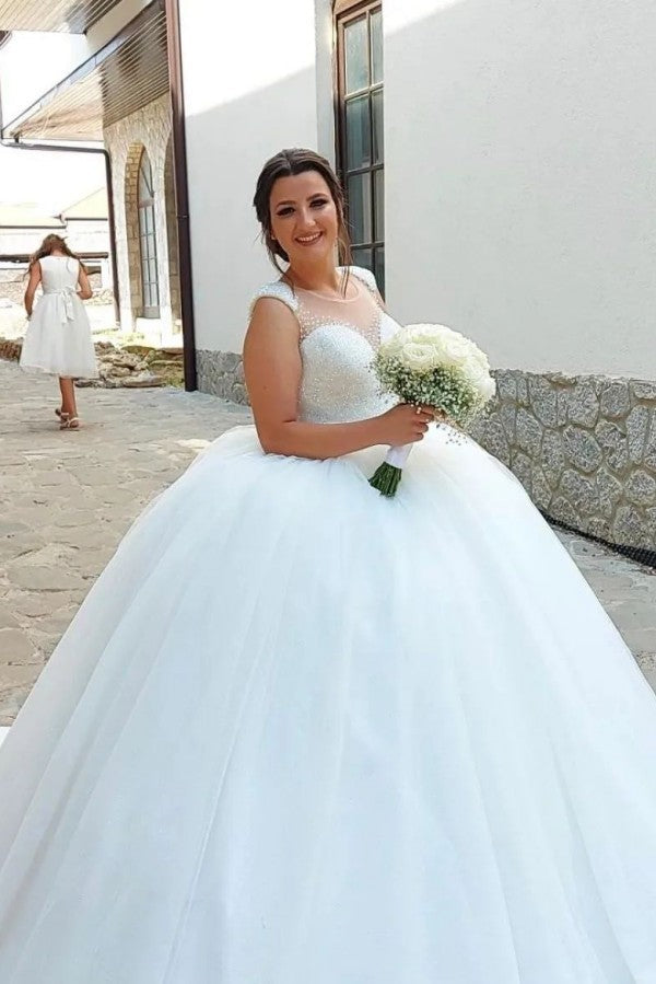 Robes de mariée longues princesse à ligne en A, sans manches, ornées de sequins