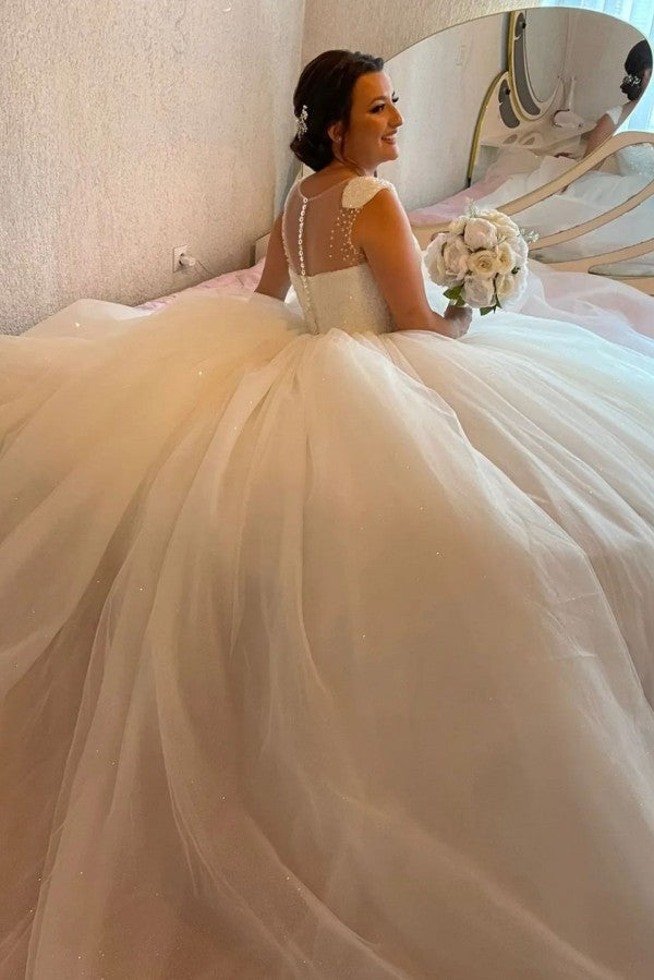 Robes de mariée longues princesse à ligne en A, sans manches, ornées de sequins