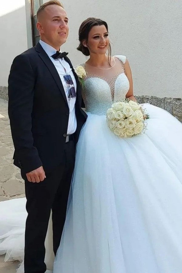 Robes de mariée longues princesse à ligne en A, sans manches, ornées de sequins