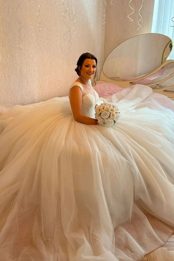 Robes de mariée longues princesse à ligne en A, sans manches, ornées de sequins