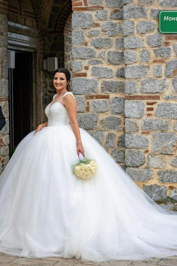 Robes de mariée longues princesse à ligne en A, sans manches, ornées de sequins