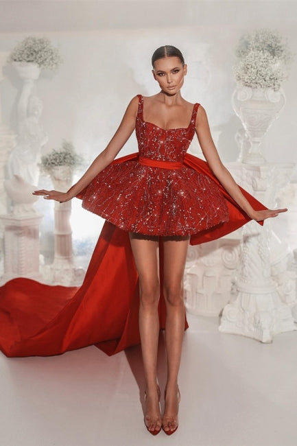 Designer Rote Spitzenträger Cocktailkleider Kurze Glitzer Ärmellose Ballkleider