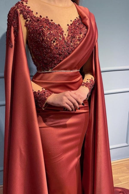 Vestidos de noite vermelhos compridos de renda com decote em V e mangas, estilo sereia, de designer