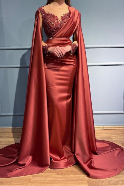 Vestidos de noite vermelhos compridos de renda com decote em V e mangas, estilo sereia, de designer