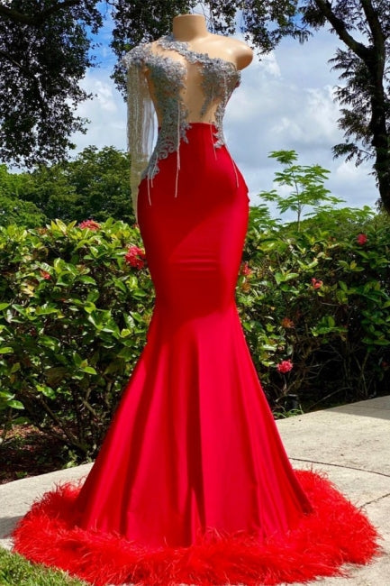 Robe de bal sirène en satin asymétrique à une épaule avec franges et volants, création Ruby