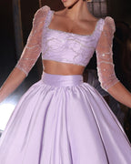 Vestido de fiesta de diseñador de dos piezas, corte A, mangas 3/4 y cuentas