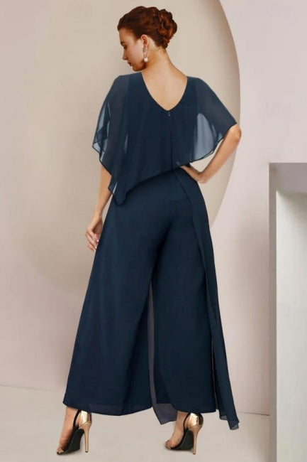 Fato de Duas Peças para Mãe da Noiva com Decote Redondo em Chiffon, Mangas Curtas com Folhos, Vestidos de Dama de Honra