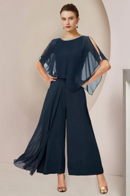 Fato de Duas Peças para Mãe da Noiva com Decote Redondo em Chiffon, Mangas Curtas com Folhos, Vestidos de Dama de Honra